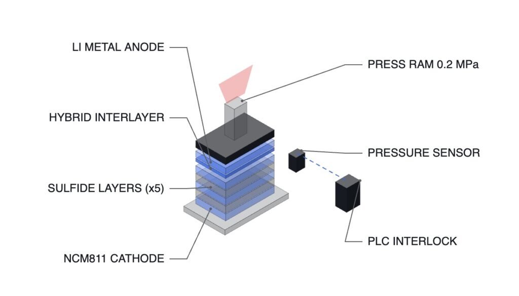 Isometric diagram: sulfide all-solid-state cell stack with hybrid interlayer under 0.2 MPa press force, pressure sensor and PLC interlock